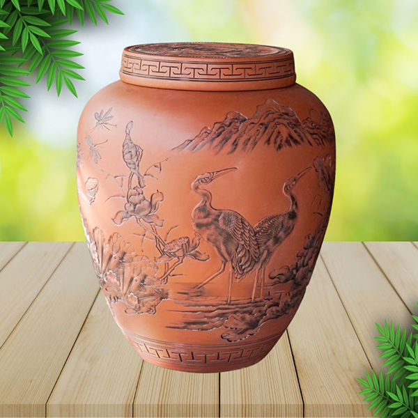 Chum Sành Cổ Khắc Nổi Hạc